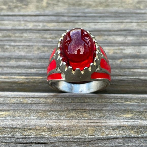 Men Rings Fashion Jewelry Faux Red Stone Silver Tone Unisex Rings Size 10.5 - Picture 9 of 12